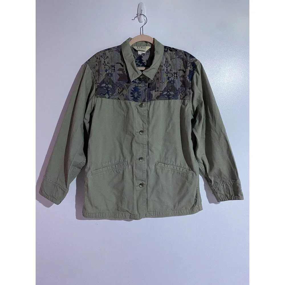 Vtg LL‎ Bean Jacket Womens M Green 90s Southwest Tapestry Field Aztec Boho